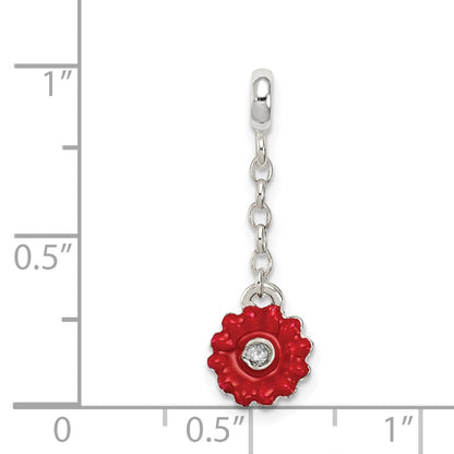 Sterling Silver Red Enameled Flower W/Cz 1/2In Dangle Enhancer