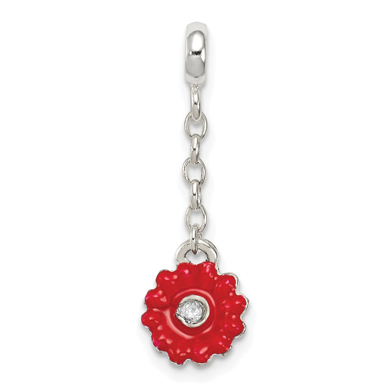 Sterling Silver Red Enameled Flower W/Cz 1/2In Dangle Enhancer