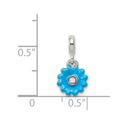 Sterling Silver Blue Enamel Flower W/ Cz Enhancer