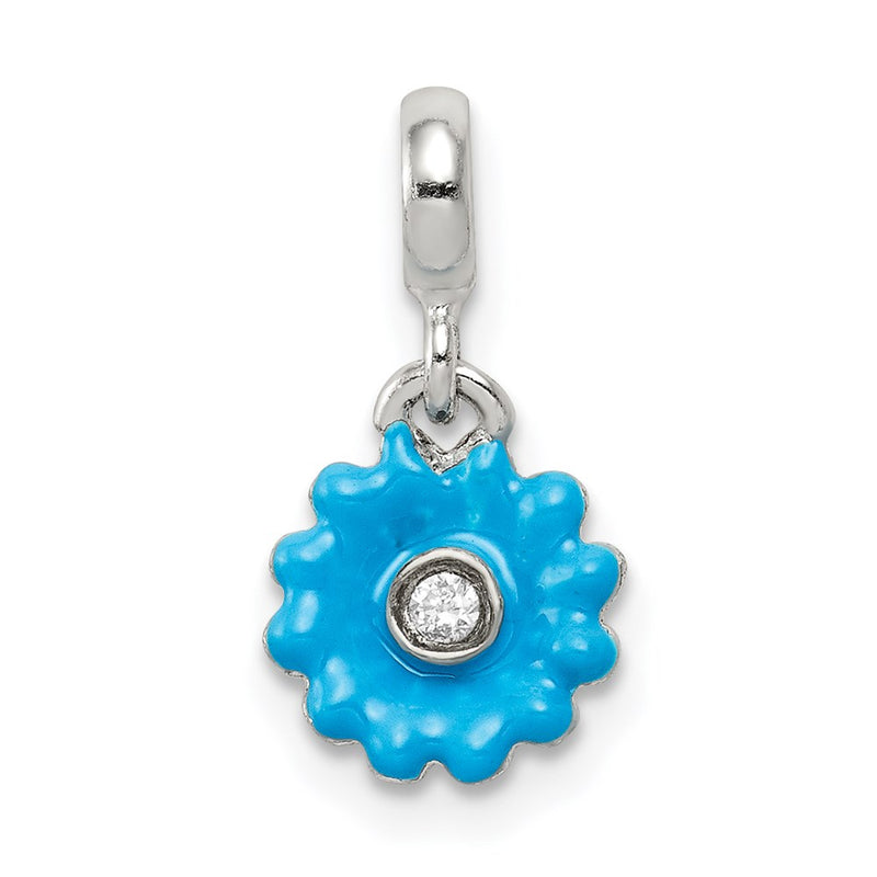 Sterling Silver Blue Enamel Flower W/ Cz Enhancer