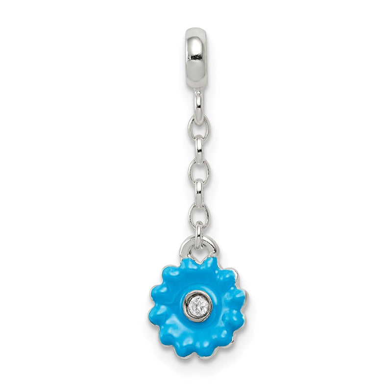 Sterling Silver Blue Enamel Flower W/ Cz 1/2In Dangle Enhancer