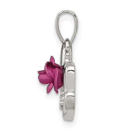 Sterling Silver Rh-Pltd Dyed Pink Aluminum Rose/Clear Cz Mom Pendant