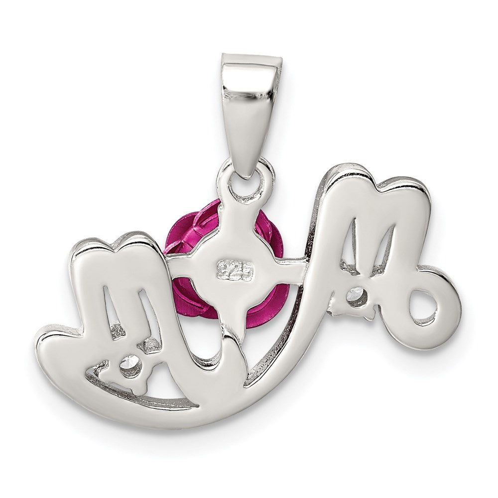 Sterling Silver Rh-Pltd Dyed Pink Aluminum Rose/Clear Cz Mom Pendant