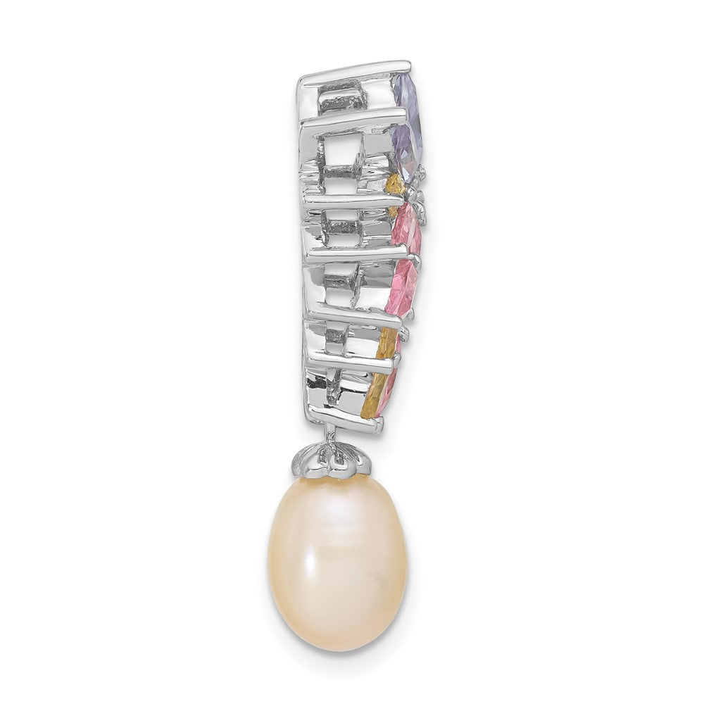 Sterling Silver Fancy Simulated Pearl And Cz Chain Slide Pendant