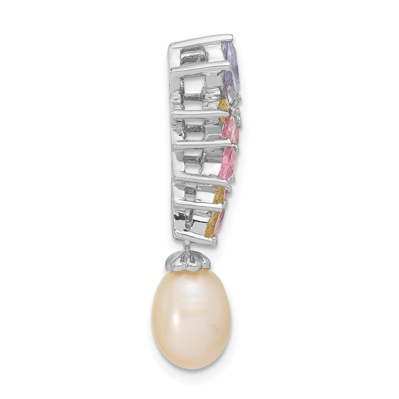 Sterling Silver Fancy Simulated Pearl And Cz Chain Slide Pendant