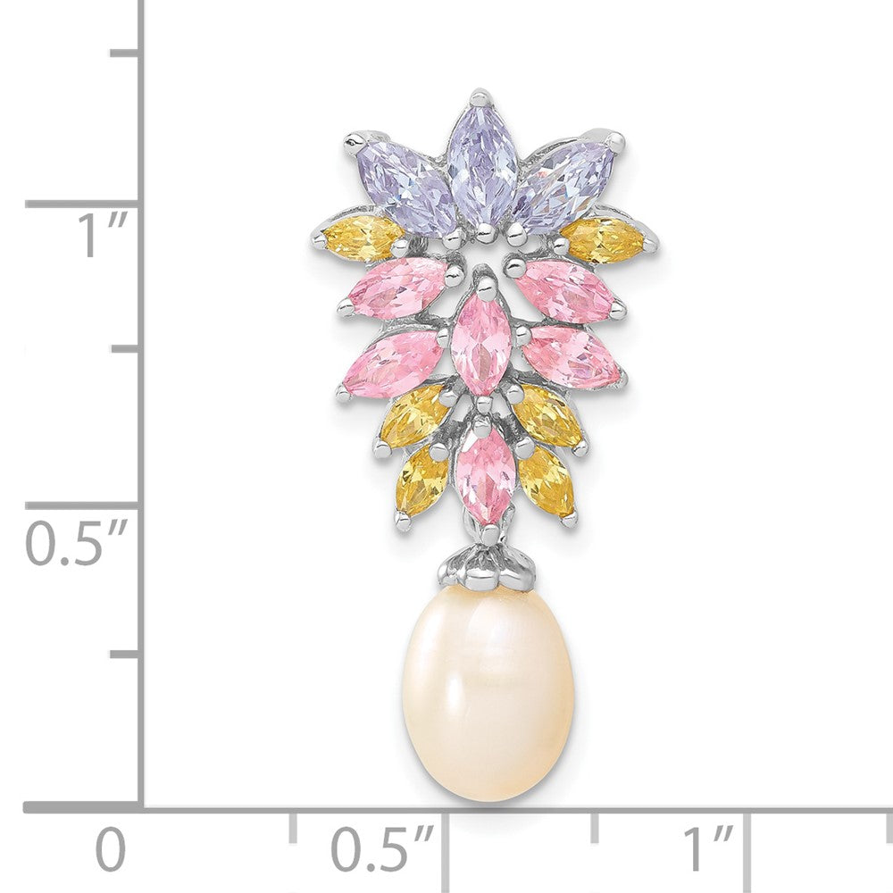 Sterling Silver Fancy Simulated Pearl And Cz Chain Slide Pendant