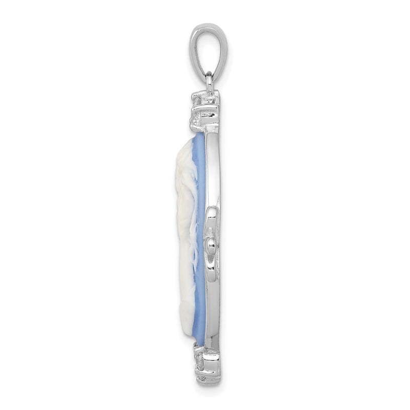 Sterling Silver Rhodium-Plated Blue Plastic Cameo With Cz Accents Pendant
