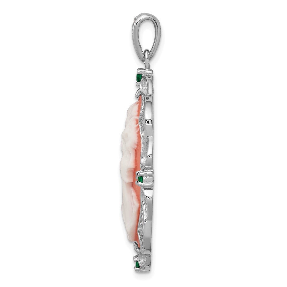 Sterling Silver Rhodium-Plated Filigree Frame With Green Glass And Clear Cz Accents Plastic Pink Lady Cameo Pendant