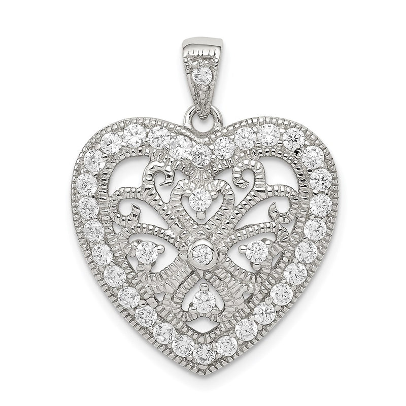 Sterling Silver Rhodium-Plated Cz Filigree Heart Pendant