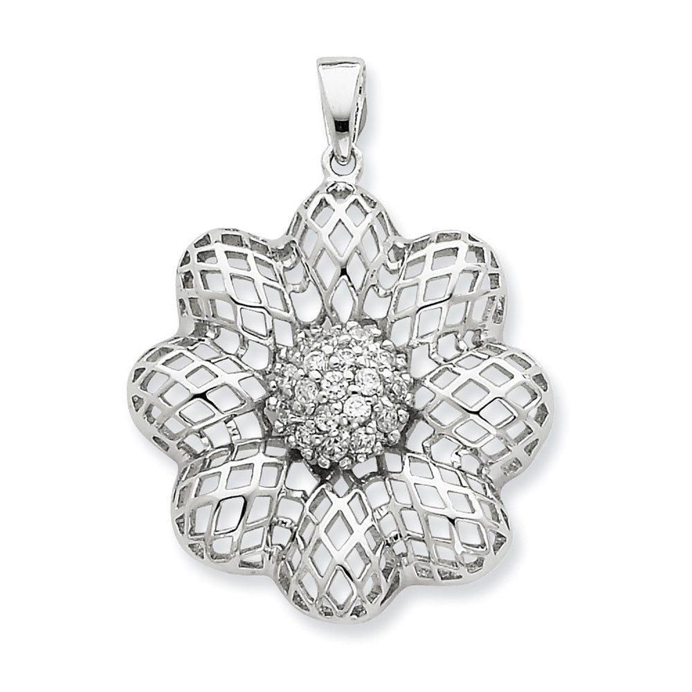 Sterling Silver Puffed Wire Flower W/ Center Cz Pendant
