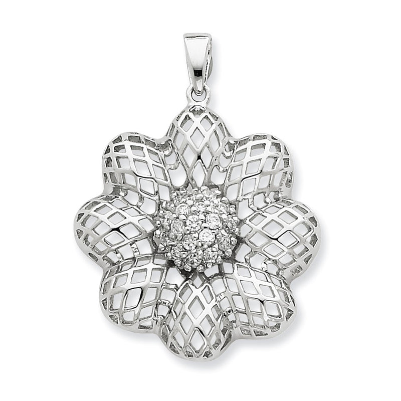 Sterling Silver Puffed Wire Flower W/ Center Cz Pendant