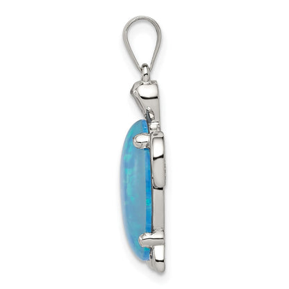 Sterling Silver Rhodium-Plated Polished Created Blue Opal Inlay Sea Turtle Pendant