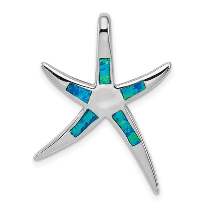 Sterling Silver Rhodium-Plated Created Blue Opal Inlay Flat Starfish Slide