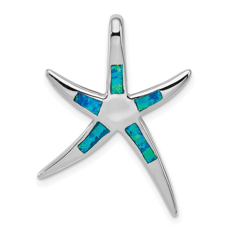 Sterling Silver Rhodium-Plated Created Blue Opal Inlay Flat Starfish Slide