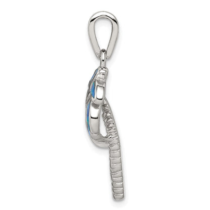 Sterling Silver Rhodium-Plated Created Blue Opal Inlay Palm Tree Pendant