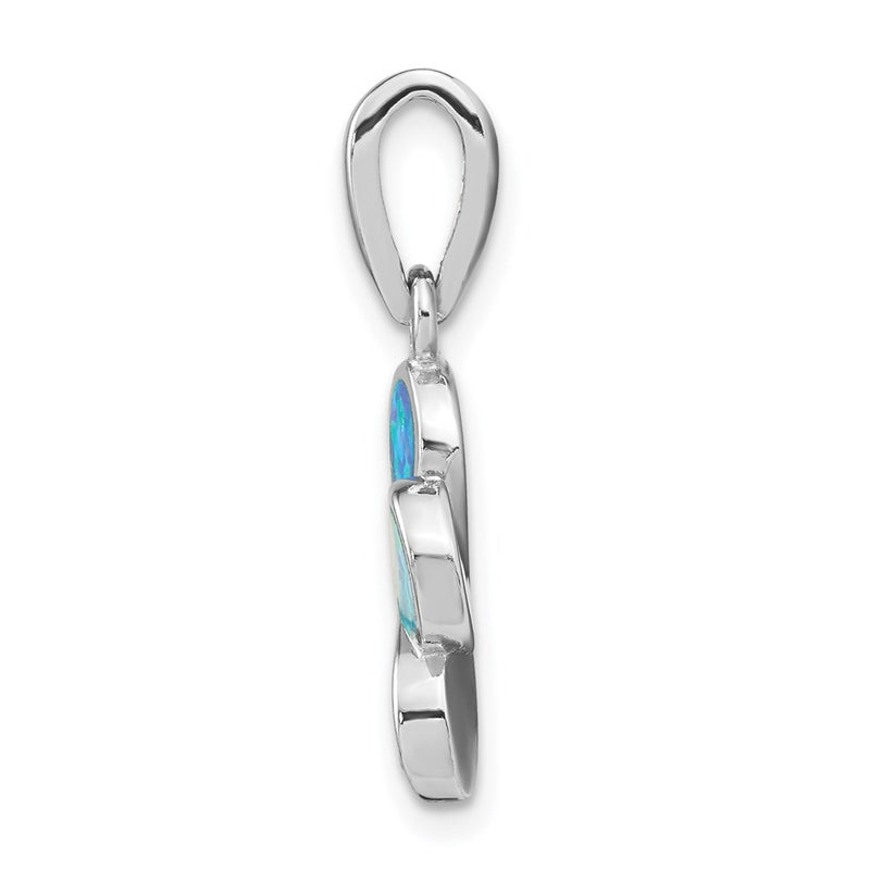 Sterling Silver Rhodium-Plated Created Blue Inlay Opal Flower Pendant