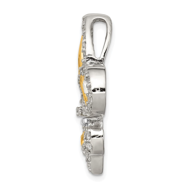 Sterling Silver Cz Fleur De Lis W/ Flash Gold-Plated Chain Slide Pendant