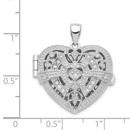 Sterling Silver Rhodium-Plated Cz Fancy Design Heart 22mm Locket Pendant