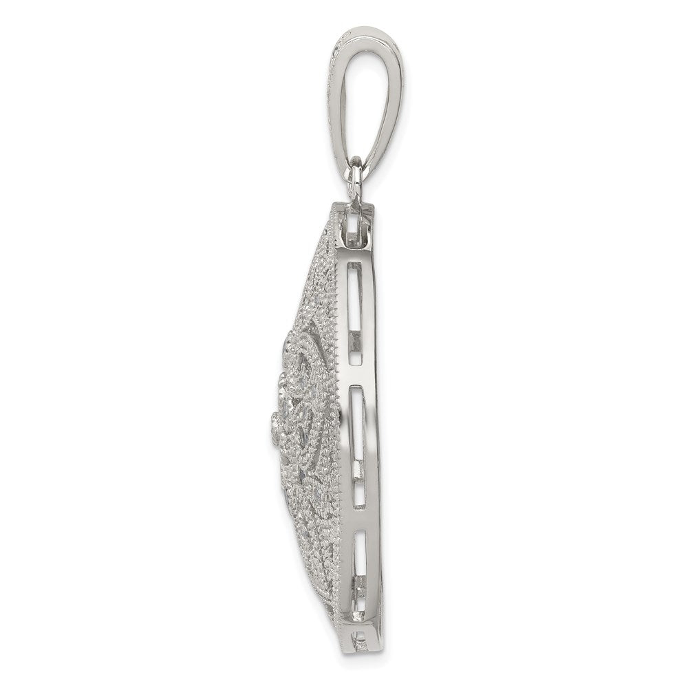 Sterling Silver Rhodium-Plated Pave Cz Floral Design Circle Pendant