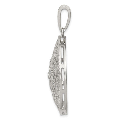 Sterling Silver Rhodium-Plated Pave Cz Floral Design Circle Pendant