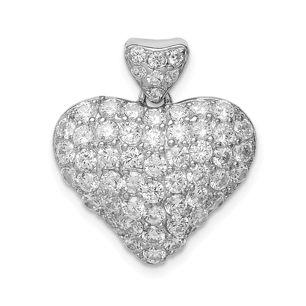Sterling Silver Rhodium-Plated Cz Puffed Heart Pendant