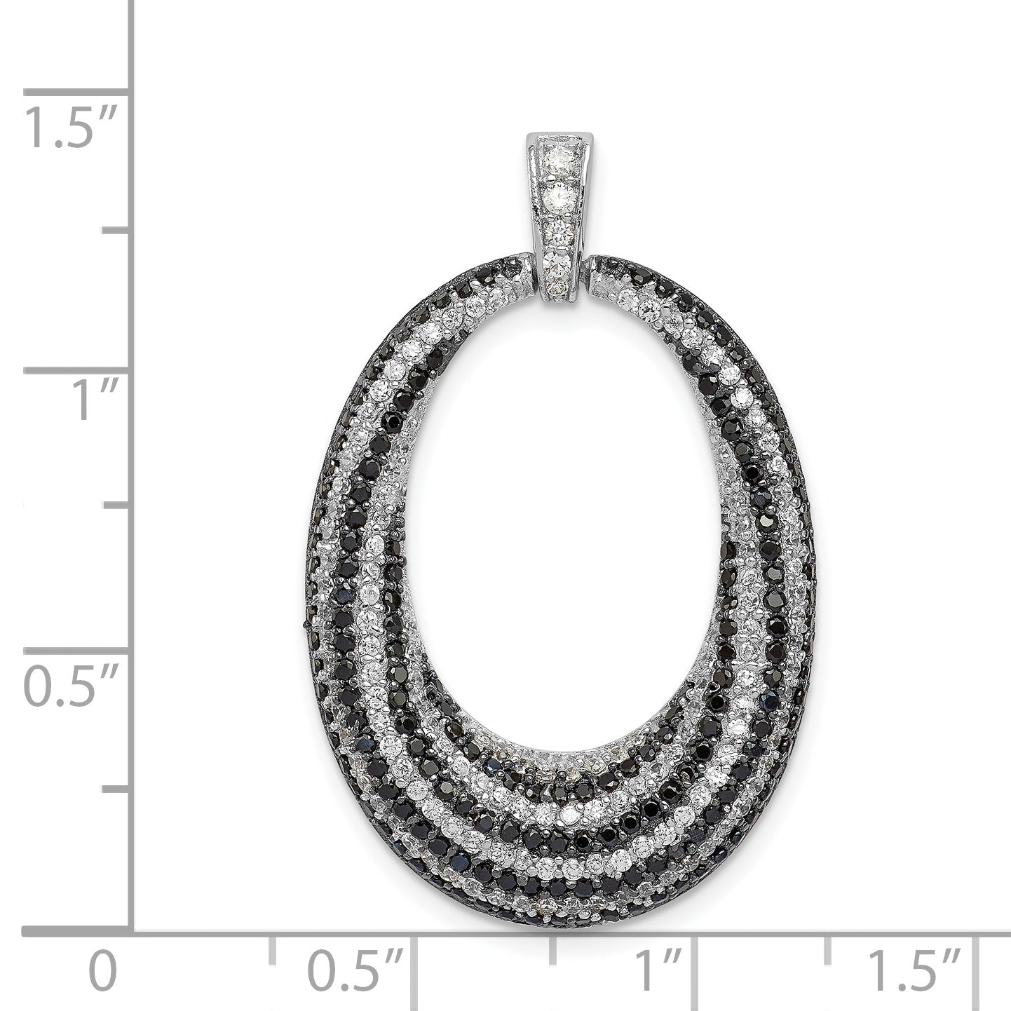 Sterling Silver Rhodium-Plated Black And White Cz Open Oval Fancy Pendant