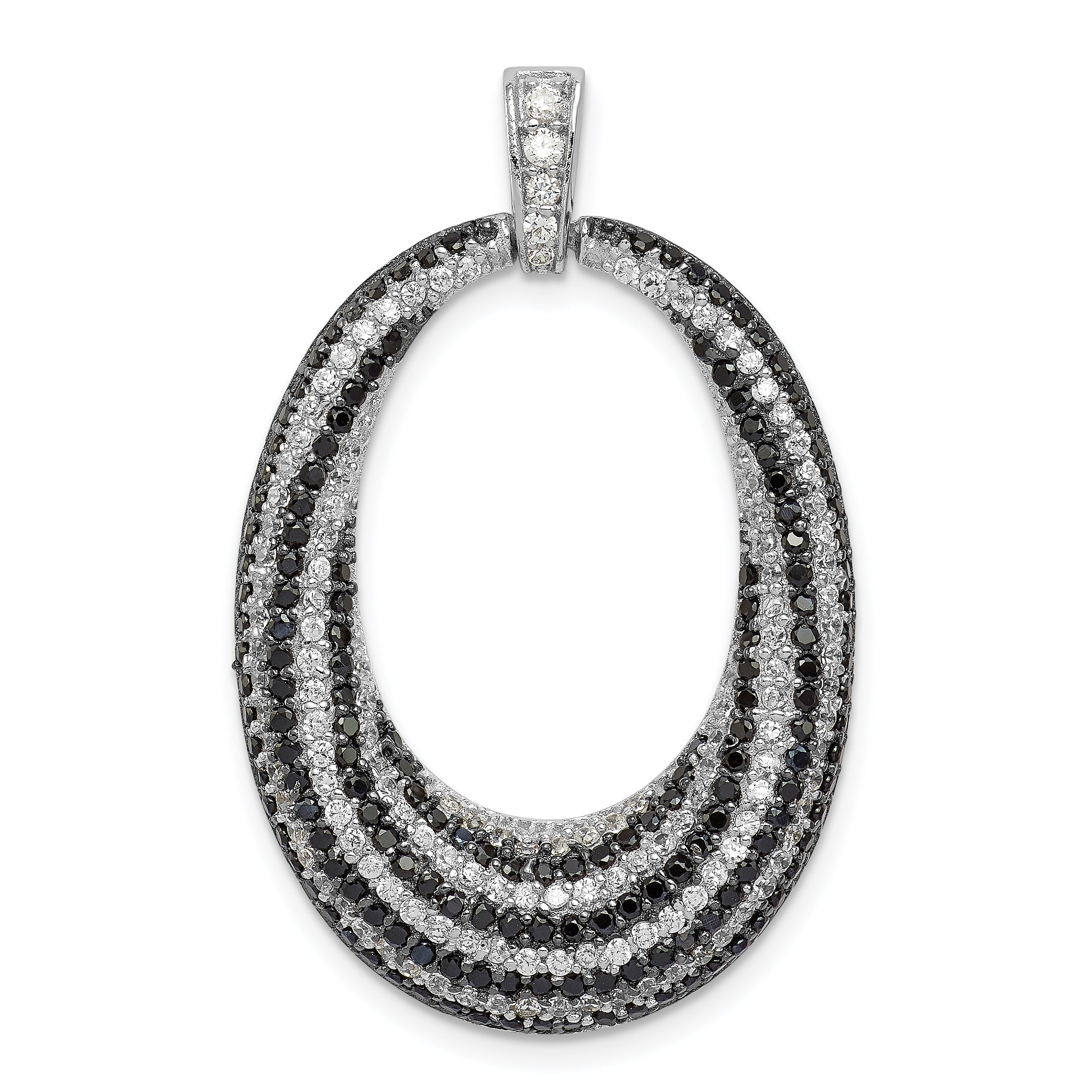 Sterling Silver Rhodium-Plated Black And White Cz Open Oval Fancy Pendant