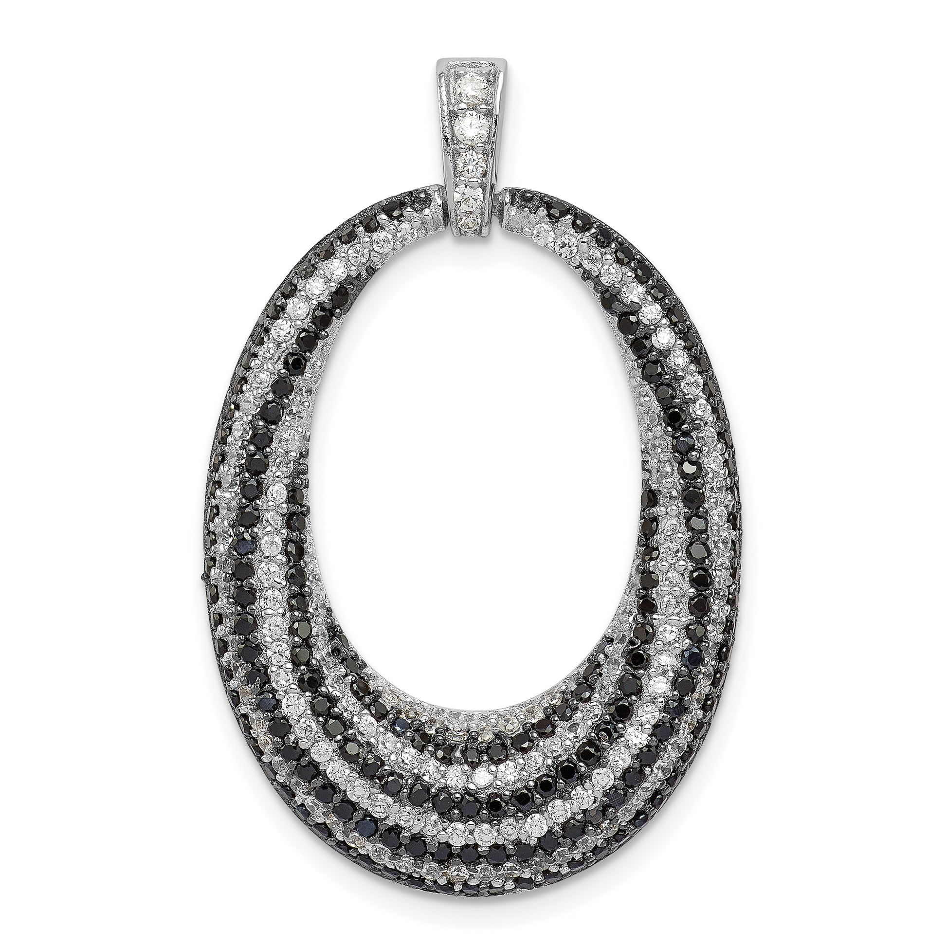 Sterling Silver Rhodium-Plated Black And White Cz Open Oval Fancy Pendant