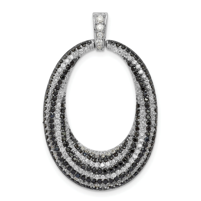Sterling Silver Rhodium-Plated Black And White Cz Open Oval Fancy Pendant