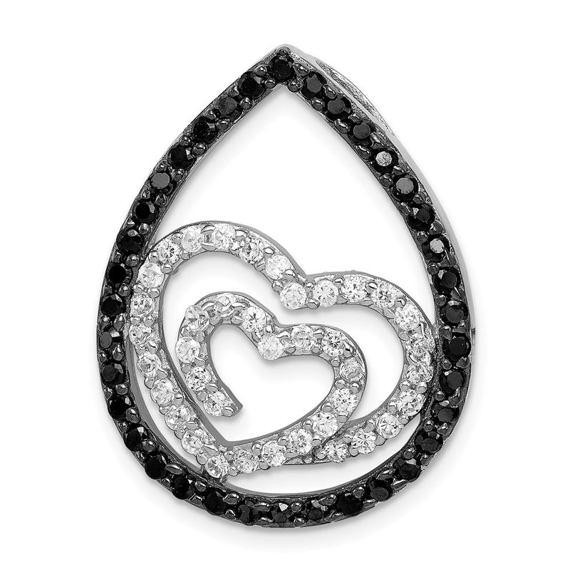 Sterling Silver White & Black Cz Heart Teardrop Slide