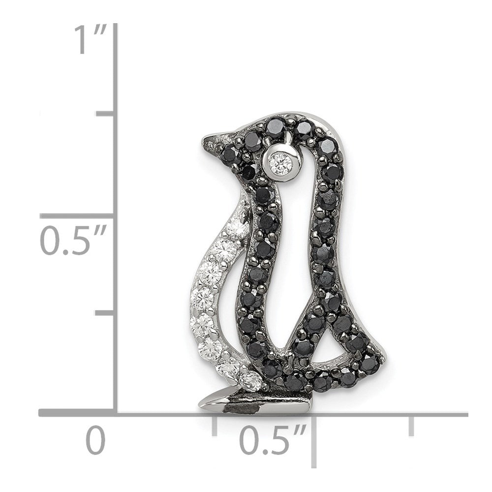 Sterling Silver Rhodium-Plated Black And White Cz Penguin Chain Slide