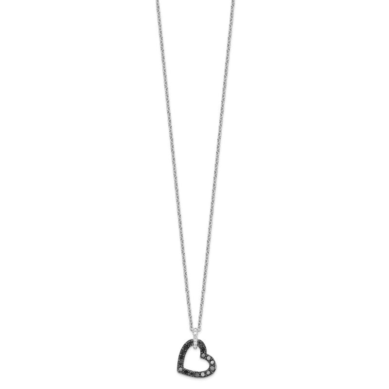 Sterling Silver White Night Rhodium-Plated Black And Diamond Heart Necklace With 2 Inch Extender