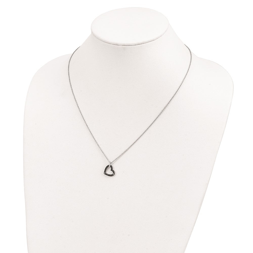 Sterling Silver White Night Rhodium-Plated Black And Diamond Heart Necklace With 2 Inch Extender