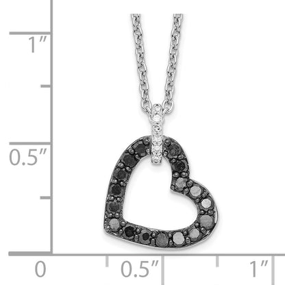 Sterling Silver White Night Rhodium-Plated Black And Diamond Heart Necklace With 2 Inch Extender