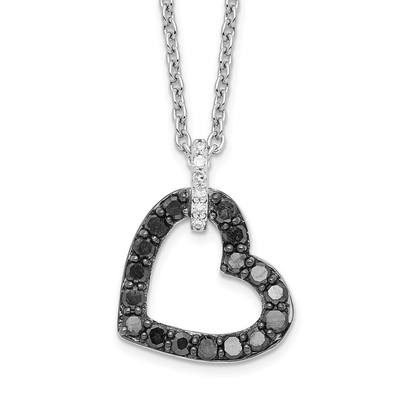 Sterling Silver White Night Rhodium-Plated Black And Diamond Heart Necklace With 2 Inch Extender