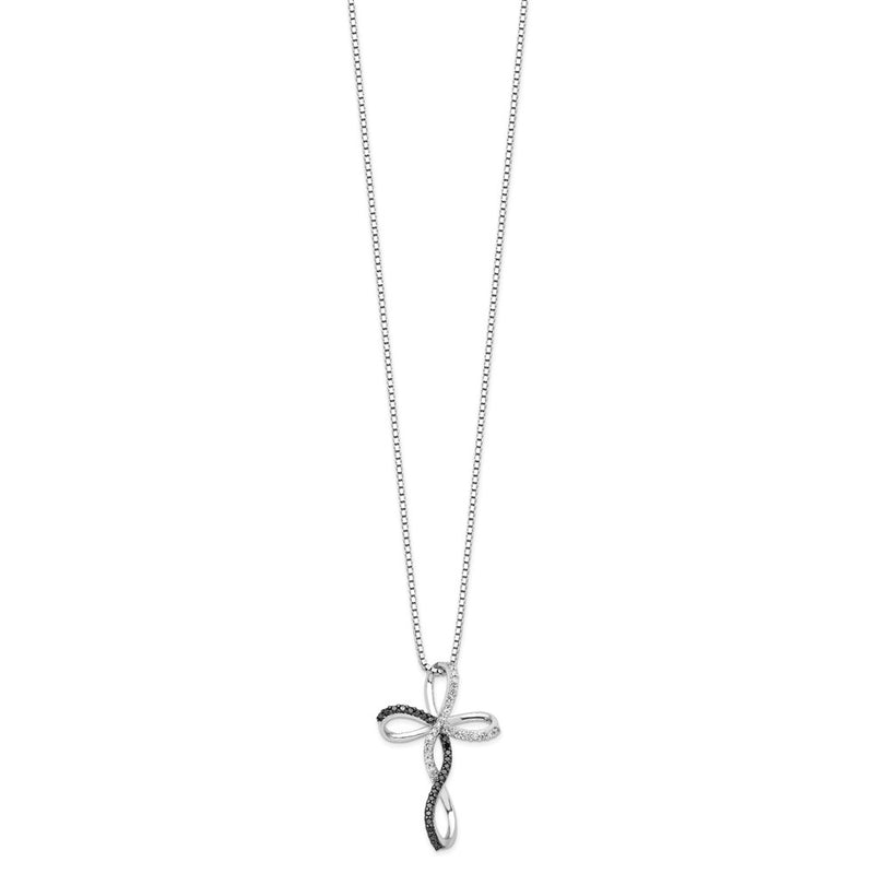 Sterling Silver White Night Rhodium-Plated Black And Diamond Cross 18 Inch Necklace With 2 Extender