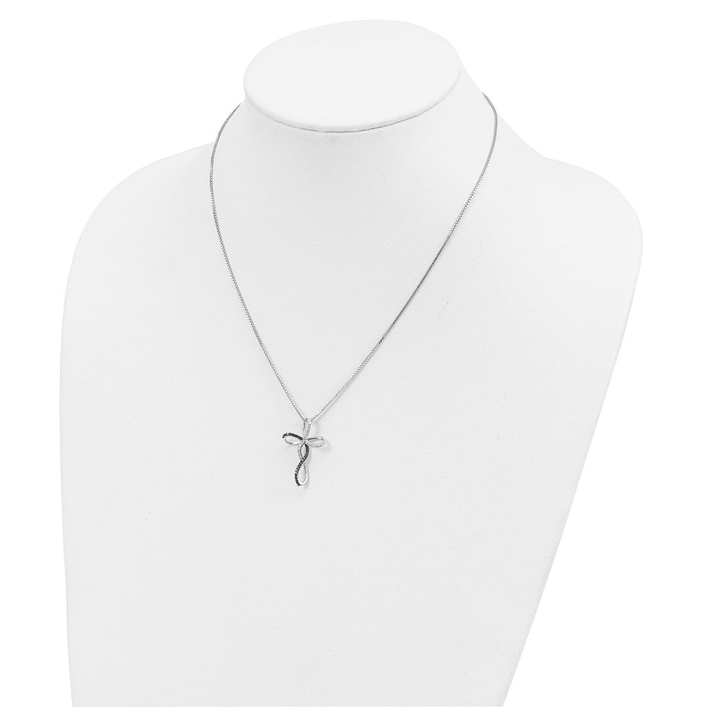 Sterling Silver White Night Rhodium-Plated Black And Diamond Cross 18 Inch Necklace With 2 Extender