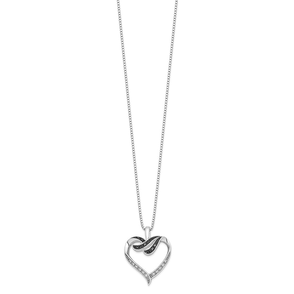 Sterling Silver White Night Rhodium-Plated Black And Diamond Heart 18 Inch Necklace With 2 Extender