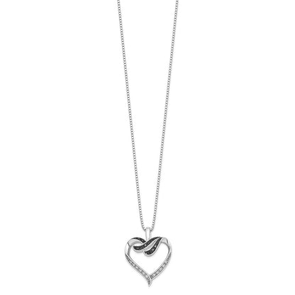 Sterling Silver White Night Rhodium-Plated Black And Diamond Heart 18 Inch Necklace With 2 Extender