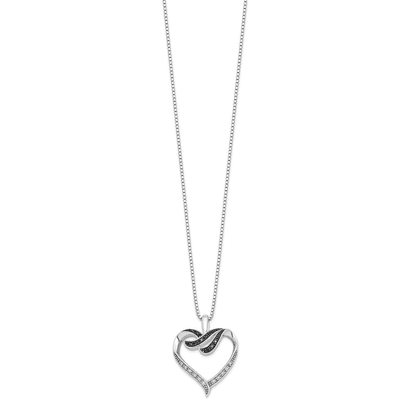 Sterling Silver White Night Rhodium-Plated Black And Diamond Heart 18 Inch Necklace With 2 Extender