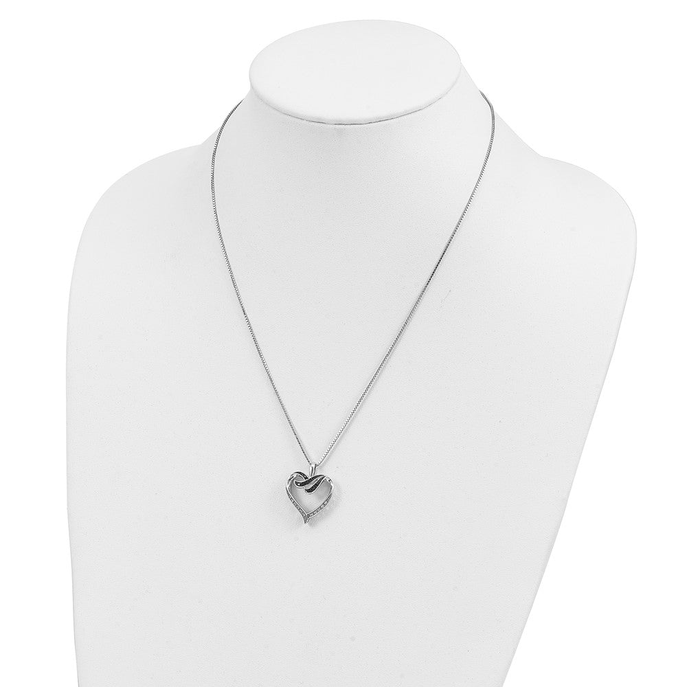 Sterling Silver White Night Rhodium-Plated Black And Diamond Heart 18 Inch Necklace With 2 Extender