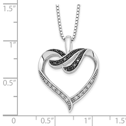 Sterling Silver White Night Rhodium-Plated Black And Diamond Heart 18 Inch Necklace With 2 Extender