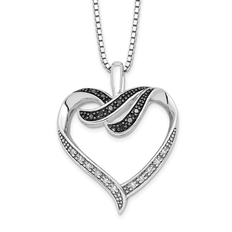 Sterling Silver White Night Rhodium-Plated Black And Diamond Heart 18 Inch Necklace With 2 Extender