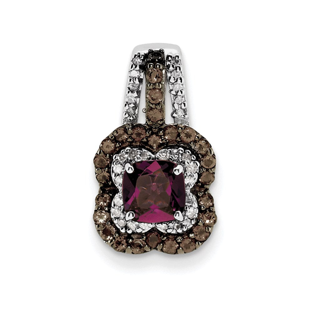 Sterling Silver Rhodium Rhodolite Garnet & Smoky Qrtz & Diamond Pendant