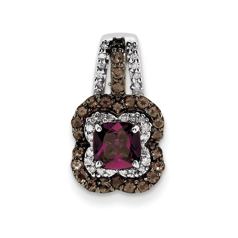 Sterling Silver Rhodium Rhodolite Garnet & Smoky Qrtz & Diamond Pendant