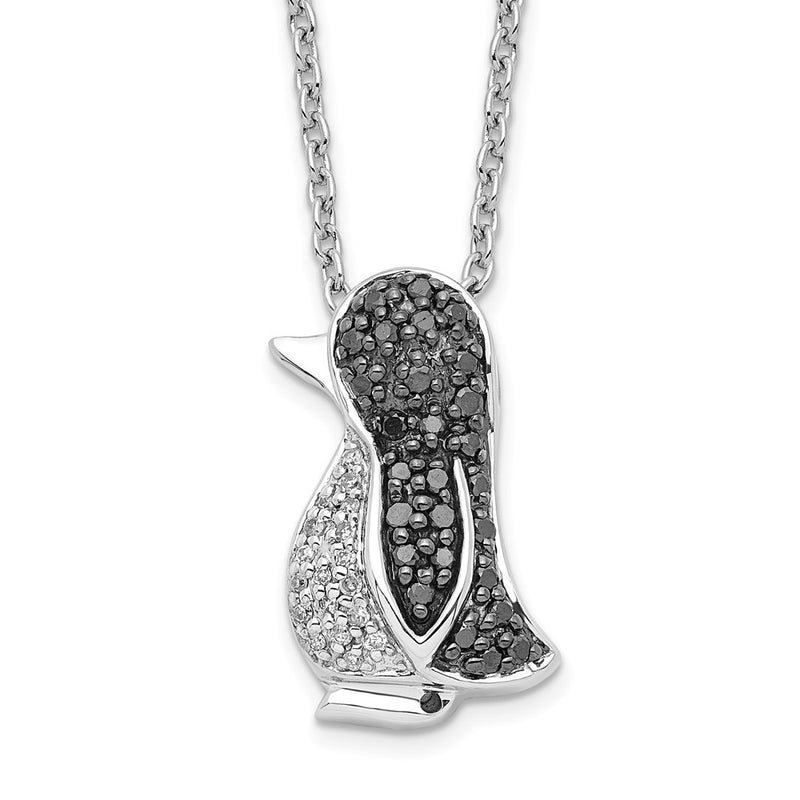 Sterling Silver White Night Rhodium-Plated Black And Diamond Penguin 18 Inch Necklace With 2 Extender