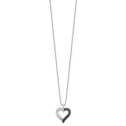 Sterling Silver White Night Rhodium-Plated Black And Diamond Heart 18 Inch Necklace With 2 Extender