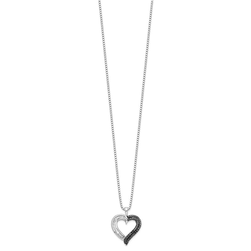 Sterling Silver White Night Rhodium-Plated Black And Diamond Heart 18 Inch Necklace With 2 Extender