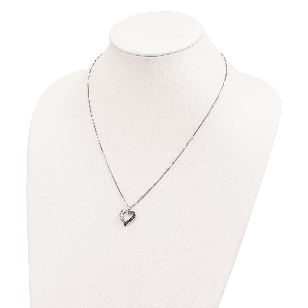 Sterling Silver White Night Rhodium-Plated Black And Diamond Heart 18 Inch Necklace With 2 Extender