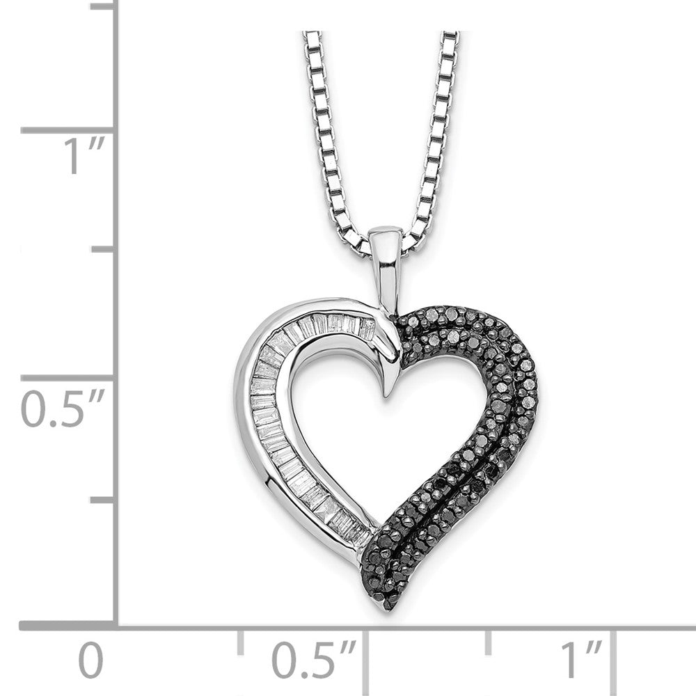 Sterling Silver White Night Rhodium-Plated Black And Diamond Heart 18 Inch Necklace With 2 Extender